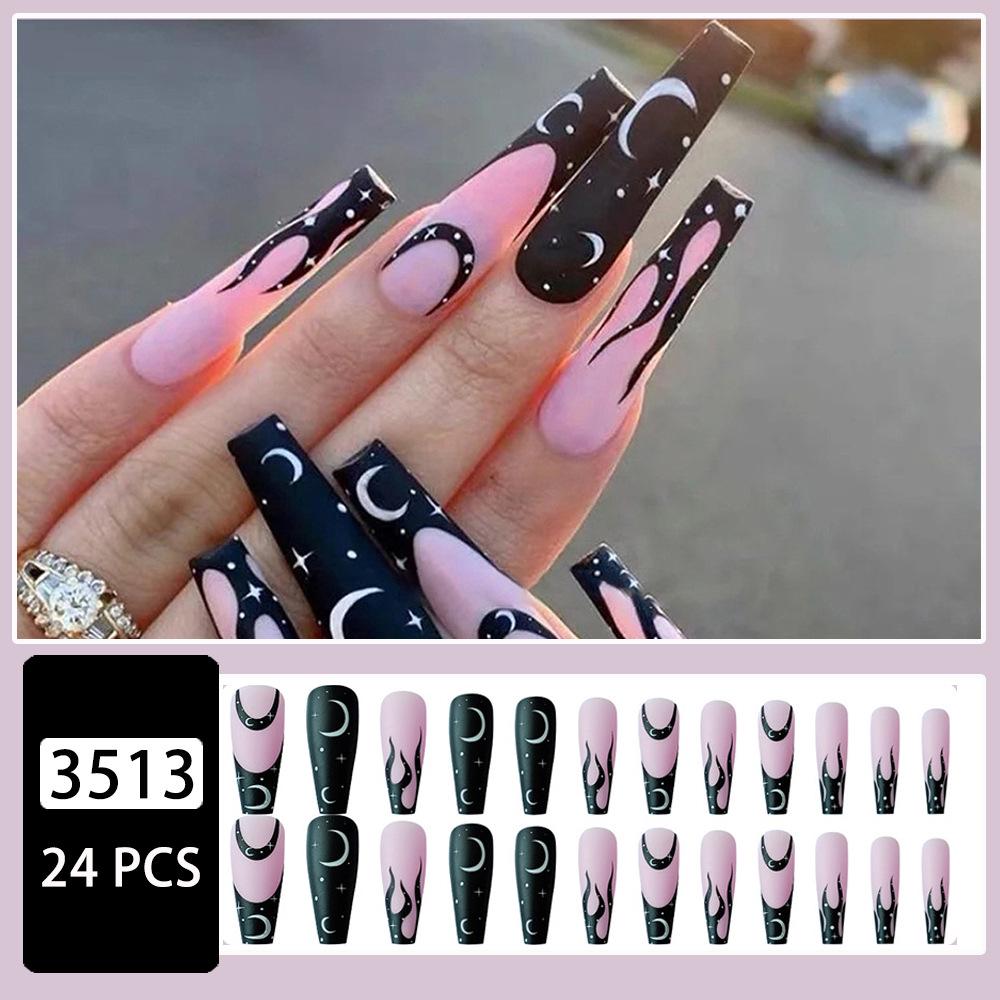 24-Piece Extra Long Ballet Pink Flame & Brown Star Press-On Nails