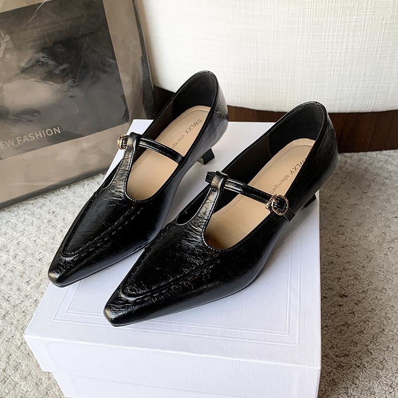 Elegant Pointed Toe Mary Jane Shoes Women's Spring Autumn New Style Thin Medium Heel Leatherette Single Shoes Buckle Strap
