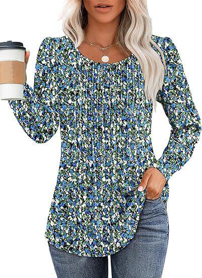 Women Long Sleeve Ribbed Knit Top Crew Neck Puff Shoulder Casual Loose Fall Blouse Shirt