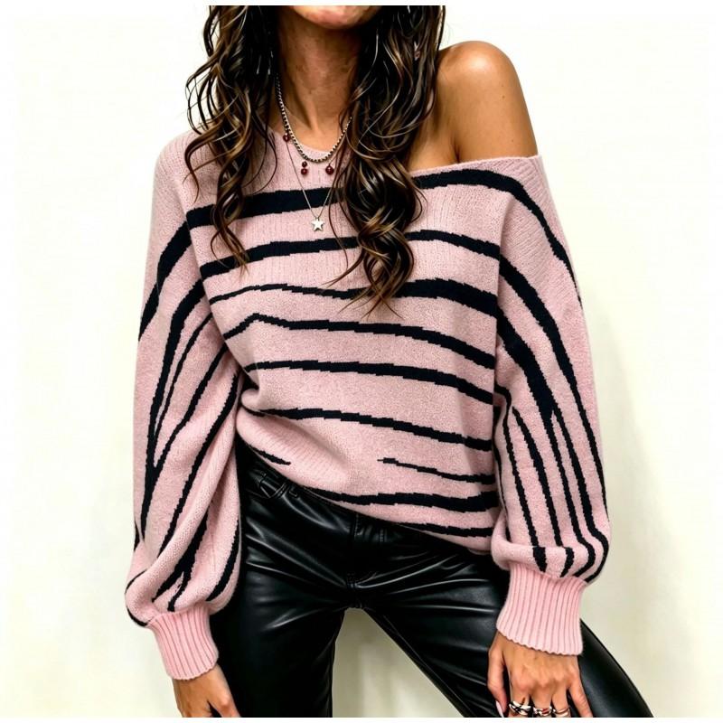 Winter Zebra Streifen Locker Schulterfrei Strickpullover Große Größen Farbblock Fledermausärmel Oberteil Damen