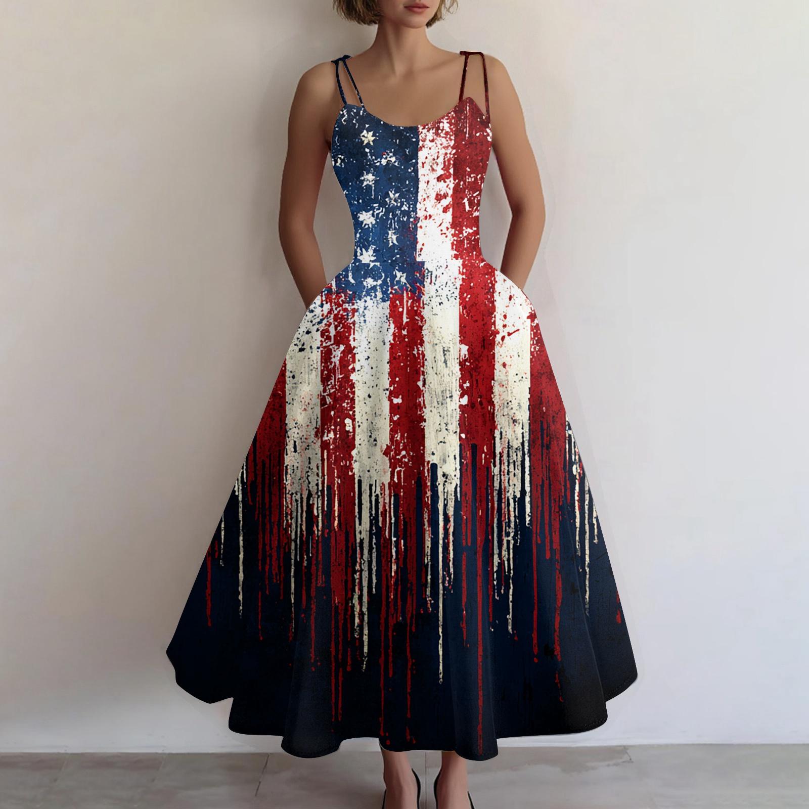 

Женское повседневное модное платье без рукавов с принтом ко Дню Независимости, с открытыми плечами L чёрный