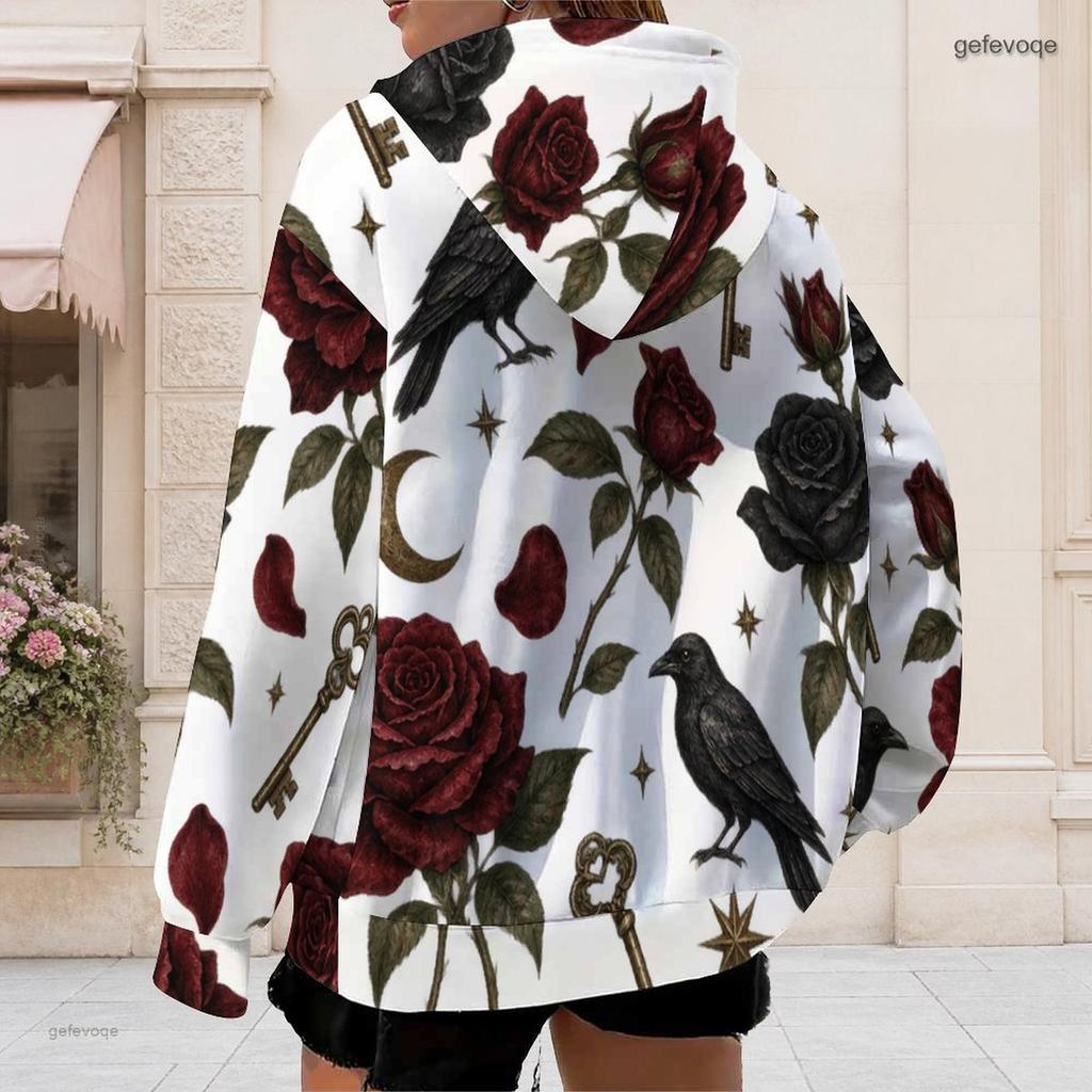 Women Plus Size Zip Up Long Sleeve Hoodie White Raven Rose Key Print Drawstring Hood With Pockets