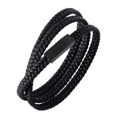 New Fashion Multi Layer Braid Rope Chain Black Leather Bracelet Black Steel Clasp Wristband Vintage Gift