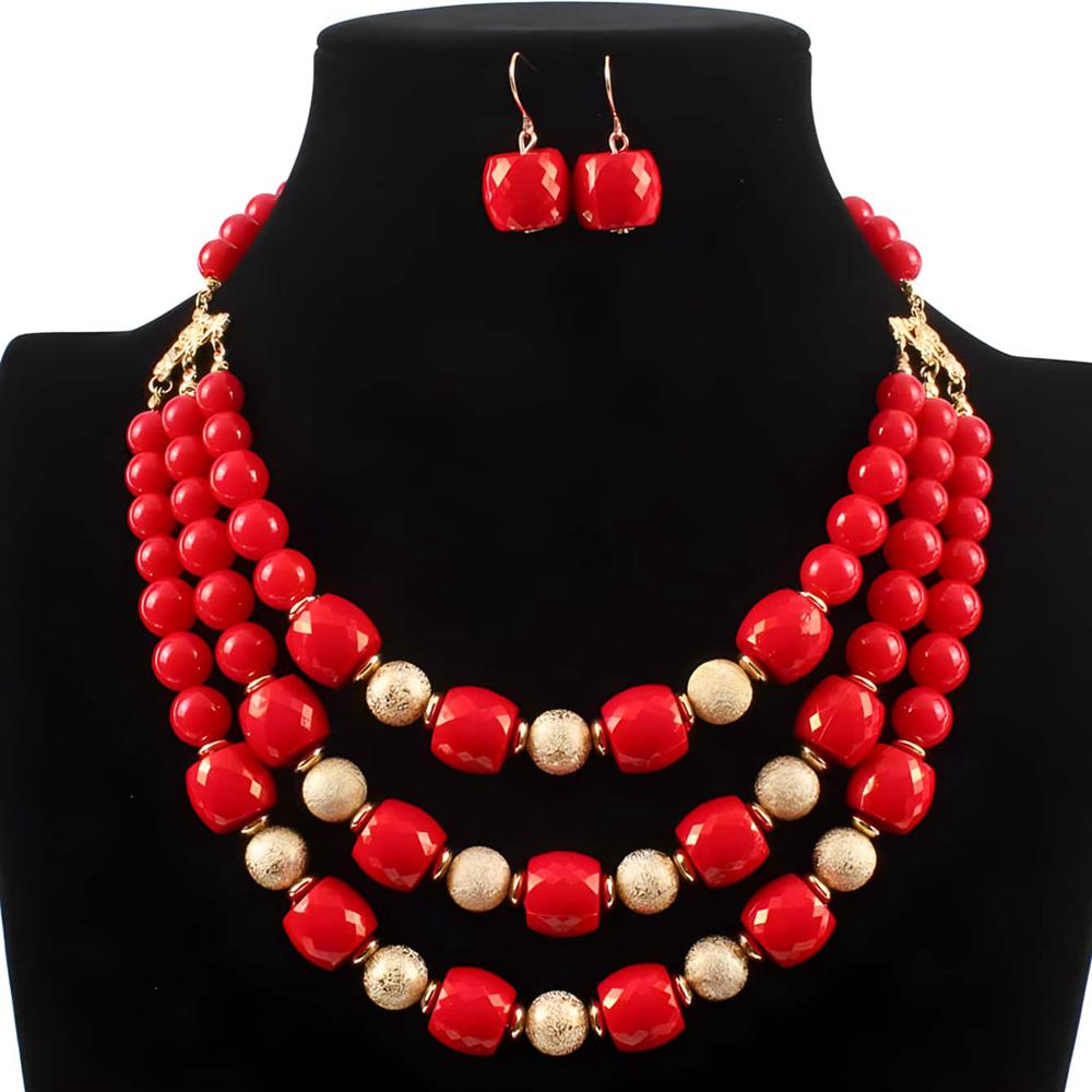 

Модное цветное акриловое ожерелье с крупными бусинами ручной работы, серьги с цирконом, комплект женских аксессуаров для вечеринки красный