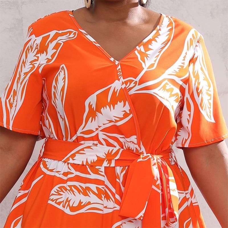 Summer Women Dress Short Sleeve High Waist V-Neck Midi Dress Plus Size Sexy Temperament Print Dress