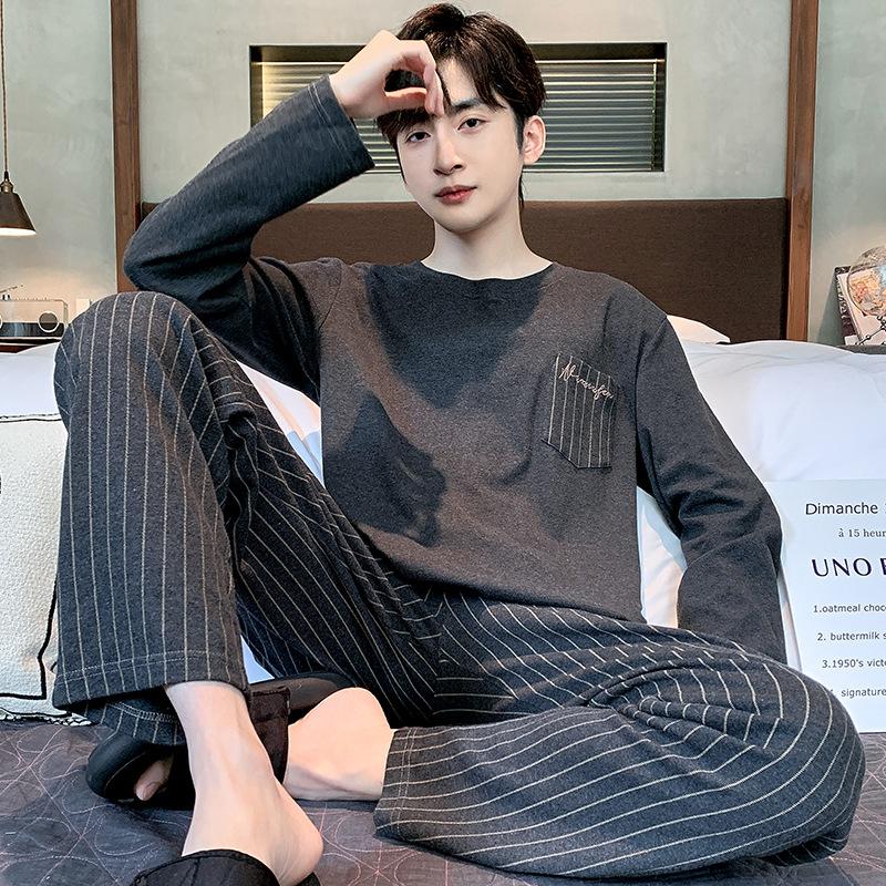 

Men s 2-Piece Pajamas Men s Spring and Autumn Models of Cotton Long-Sleeved Trousers Boys Casual Homewear Suit 4XL сірий