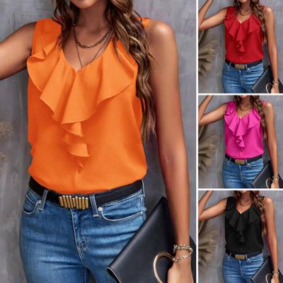 Women Vest Solid Color V-Neck Ruffle Trim Sleeveless Blouse Loose Fit Summer Pullover Tops Daily Wear