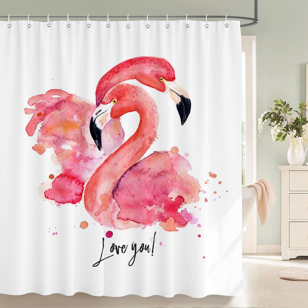 Flamingo Shower Curtain, Floral Botanical Tropical Plant Art Deco Bathroom Decorative Shower Curtain, Print Curtain with Hooks