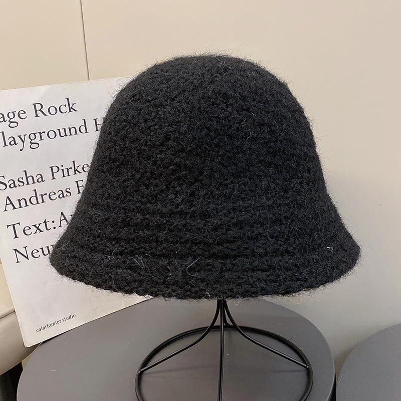 Hat Female Autumn and Winter Knitted Bucket Hat Plain Face Covering Bucket Hat Versatile Face Small Wool Basin Hat