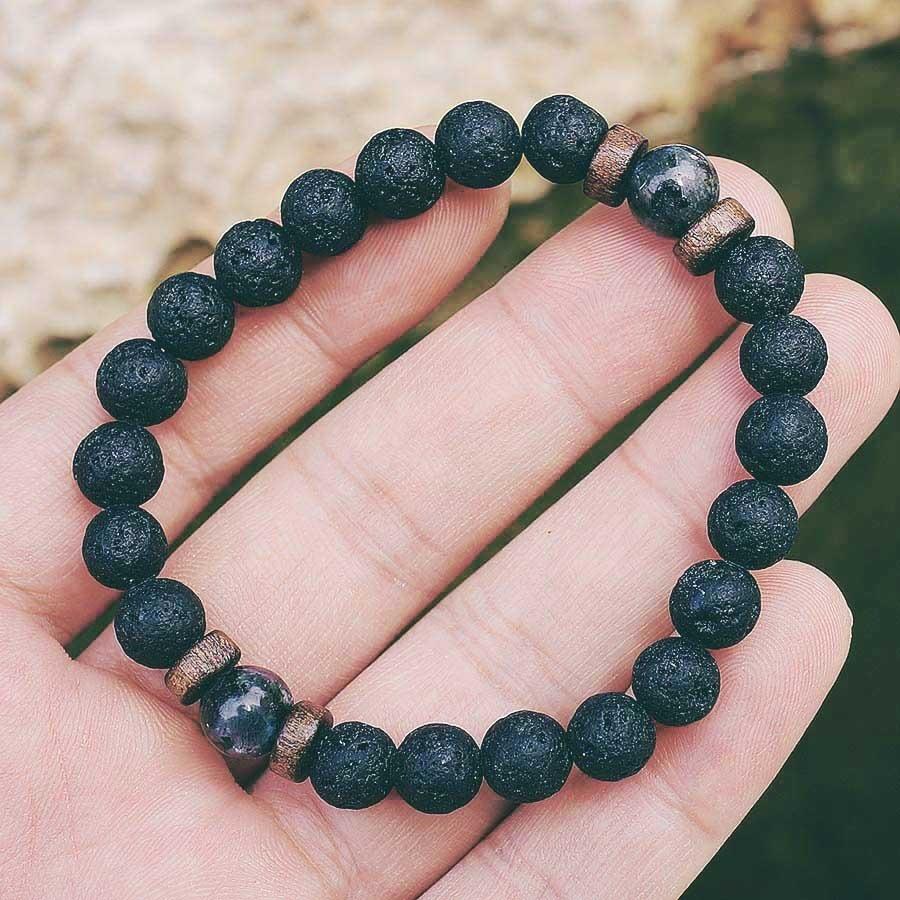 Volcanic Stone & Moonstone Men's Beaded Bracelet with Obsidian Accents