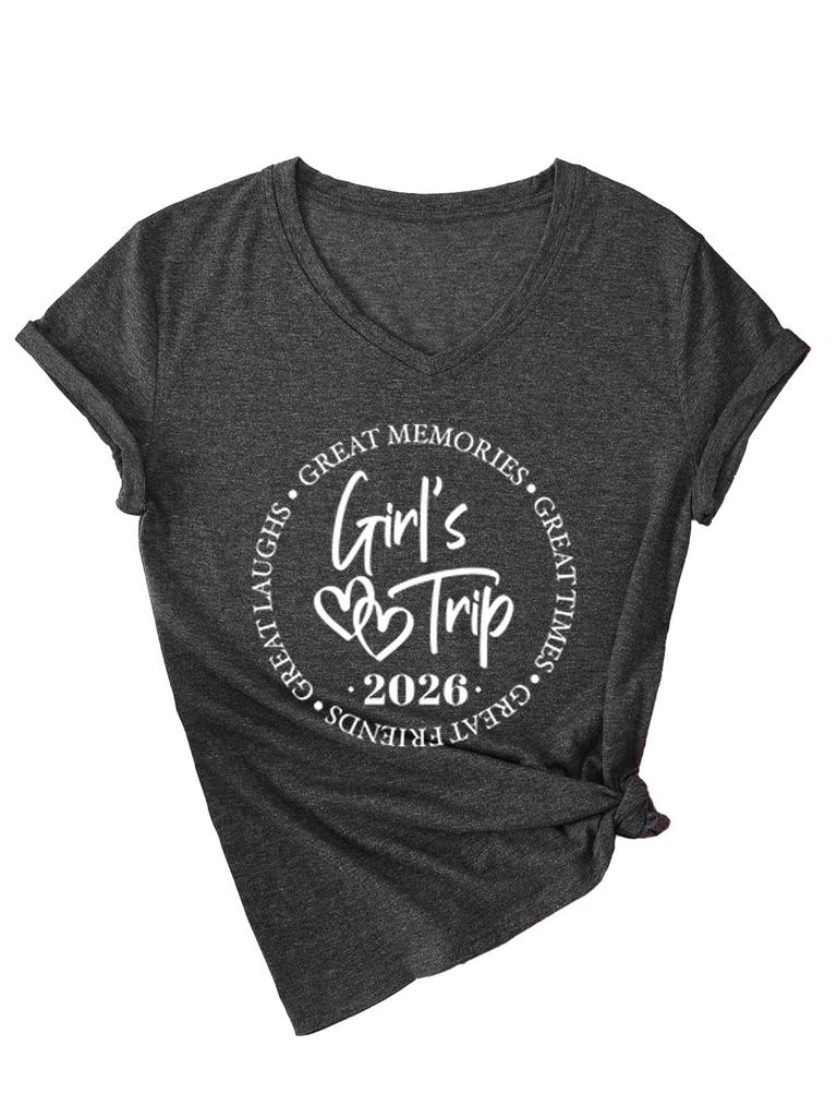 Casual and Comfortable Women's Girl's Trip Temperament V-neck Short-sleeved T-shirt