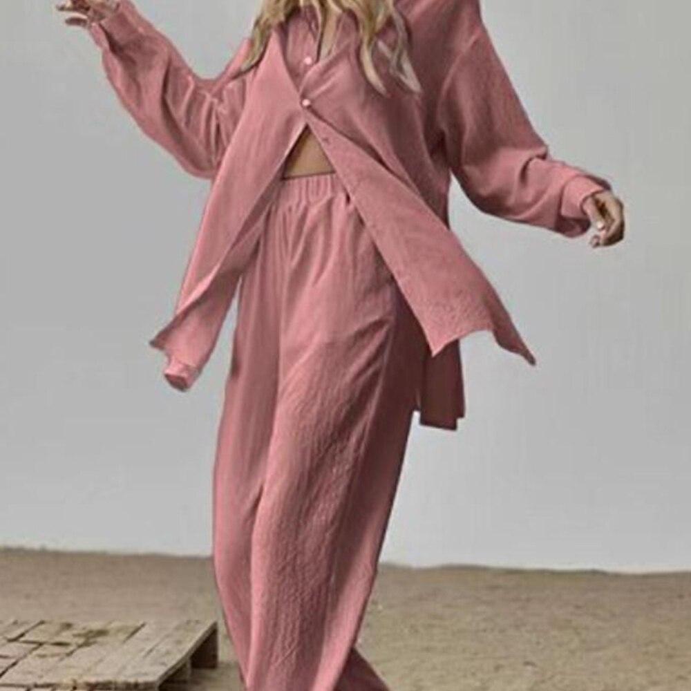 Jarní Elegantní Volný Módní Jednobarevný Outfit Dámské Košilové Obleky Dlouhý Rukáv Klopový Límec Košile A Elastické Kalhoty s Vysokým Pasem 2dílný Set