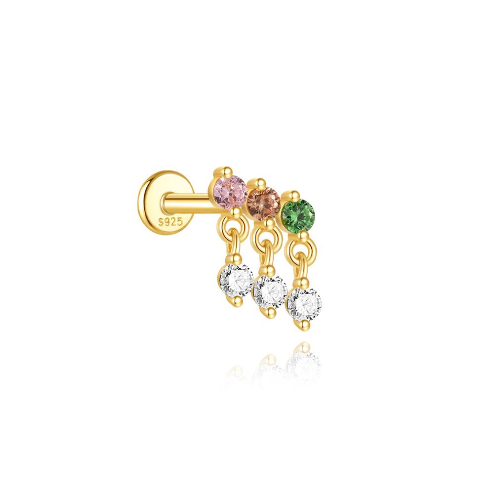 AIDE 1PC Black Rutilated Quartz Flat Head Threaded Puncture 925 Silver Earring For Women Gleaming Rainbow Zircon Studs