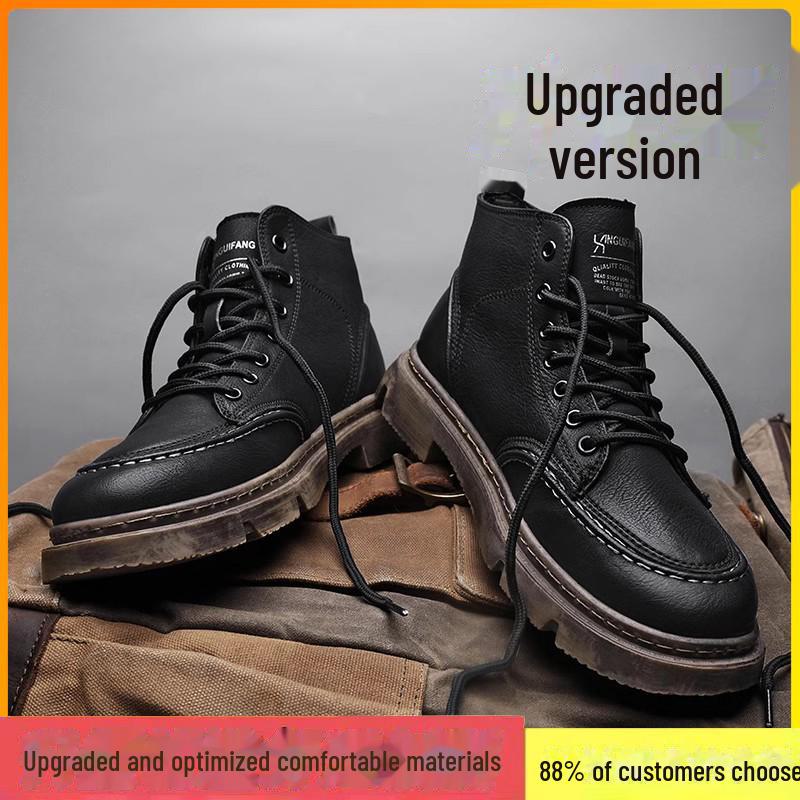 Men's 2024 Anti-Slip Soft Sole British Style Leather High-Top Boots, Work Boots, Martin Boots, Plus Velvet for Autumn and Winter.