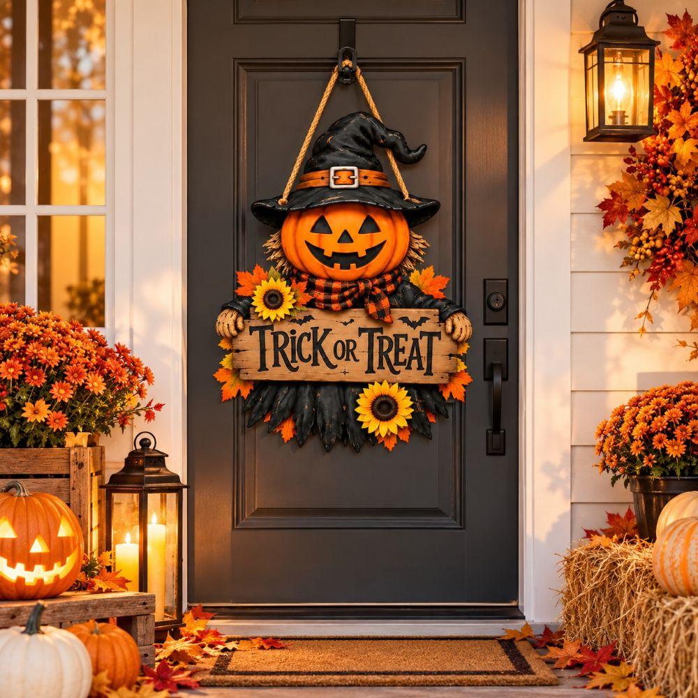 2D Flat Halloween Door Hanger Halloween Theme Fall Porch Sign Wooden Pumpkin Decor  Front Door