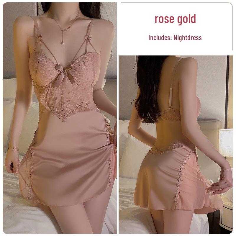 DZ Satin Lace Butterfly Decor Padded Underwire Backless Sexy Nightgown Robe Set 2044