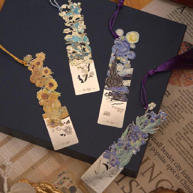 Retro Oil Painting Style Metal Hollow Bookmark Student Stationery School Supplies Exquisite Tassels Famous Painting Book Mark