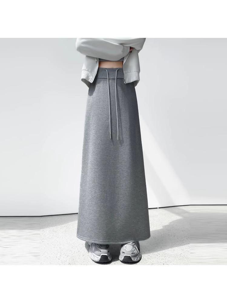 Women's Gray Elastic Waist A-Line Mini Skirt - Sporty High Waist, Bodycon, Slit, Casual Autumn Wear for Petite