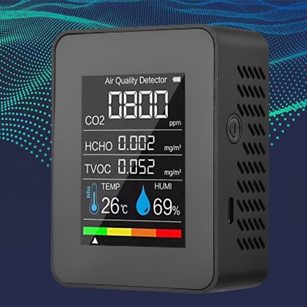 Formaldehyde Detector TVOC Sensor CO2 PM2.5 Temperature Humidity Air Quality Tester 5 In 1 Black