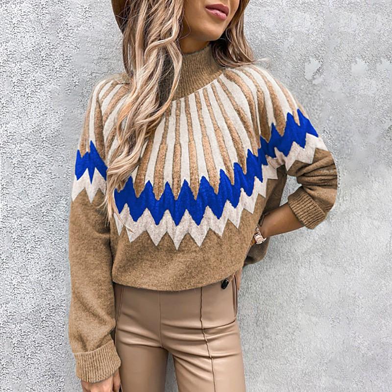 Womens Winter Loose Fit High Neck Long Sleeve Knit Sweater With Print Casual Elegant Style