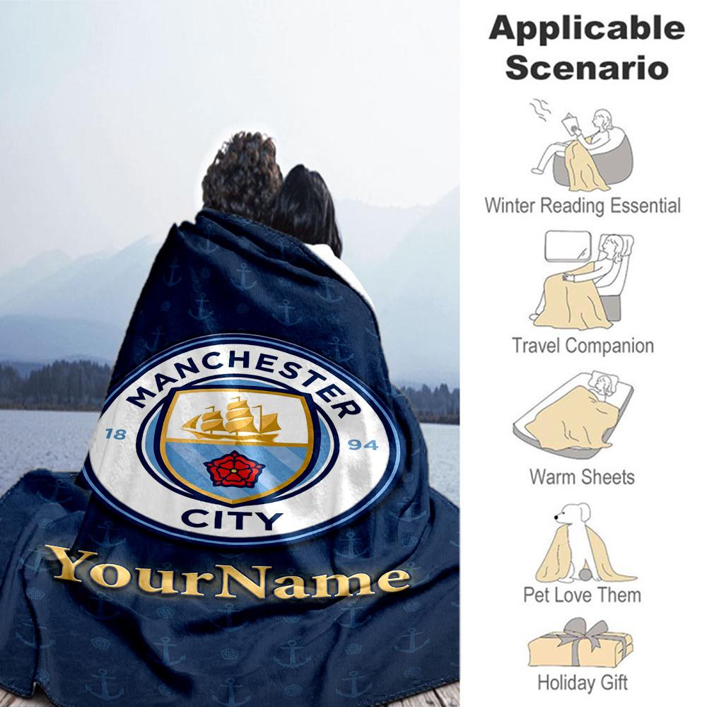 Manchester City Customize Text Blanket Gift Personalized Blanket Warmthful Decor Throw For Couch Office Chair Living Room Chair Four Seasons Universal