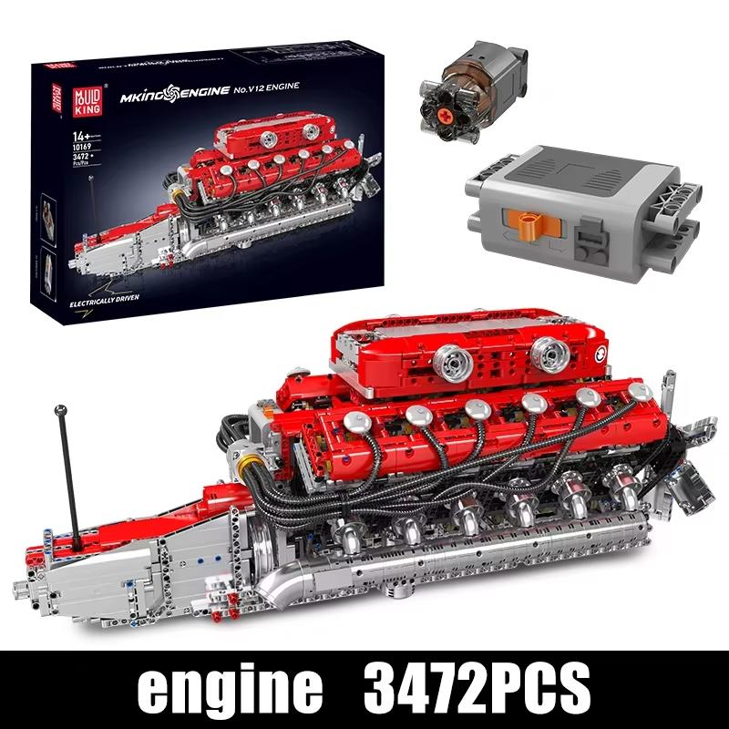 Mould King 10169 Technical Car Toys The Motorized V12 Engine Building Block Assembly Racing Car Brick Set Kids Christmas Gift