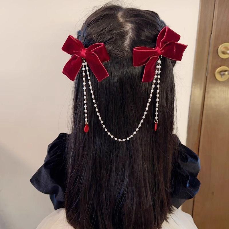 Girls' Red Bow Tassel Hair Clips for Chinese New Year, Autumn & Winter