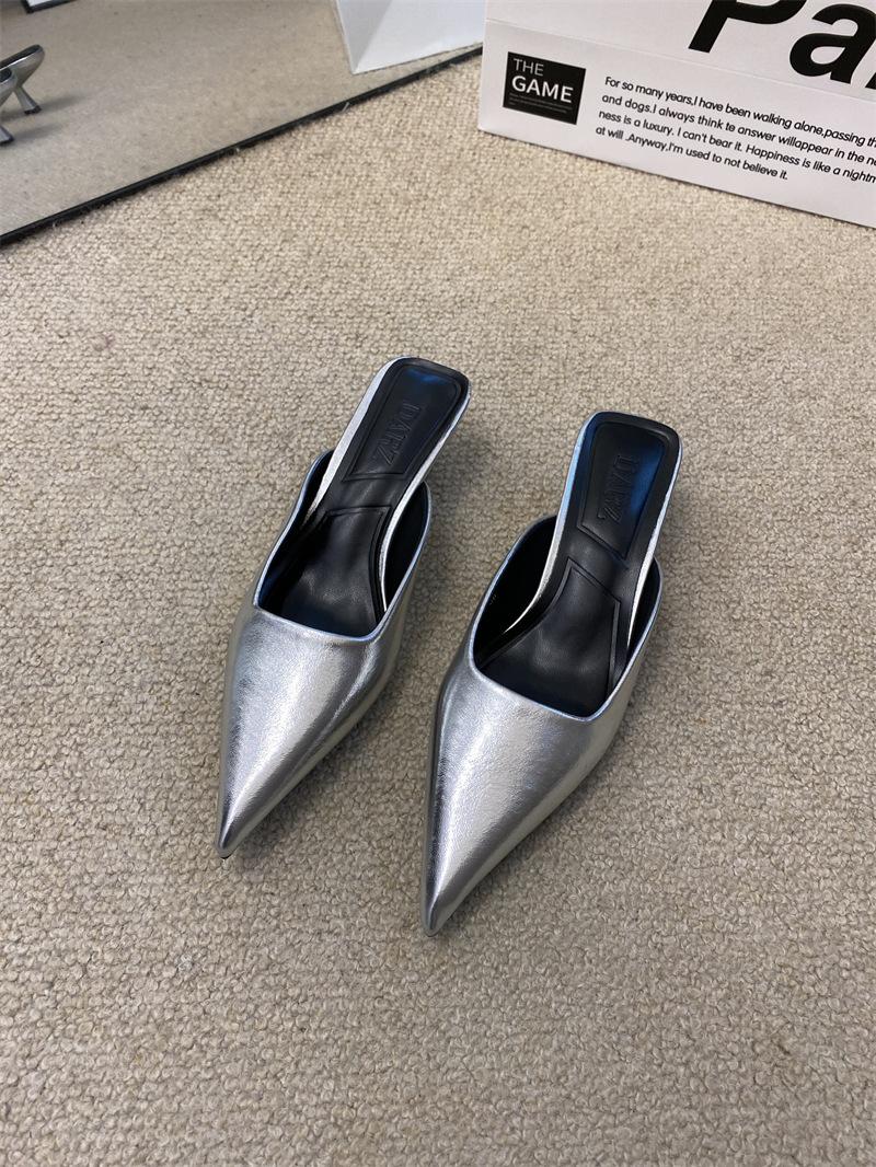 

2024 весна-лето новые леопардовые туфли с тонким острым носком и тонким каблуком, туфли на среднем каблуке, универсальные босоножки с сумкой на голову и полуперетягиванием 40 серебряный