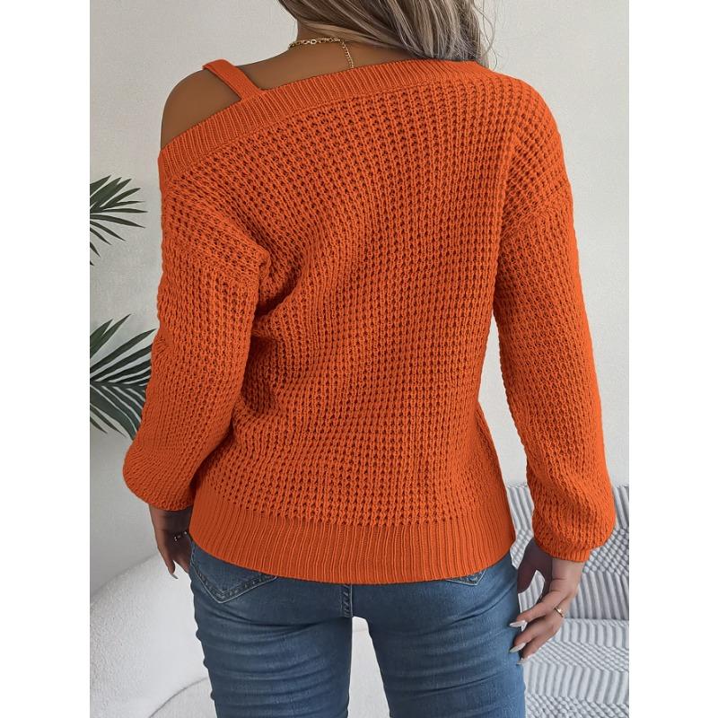 VEZFAA Women's Fashion Casual Fall Winter Solid Color Print Long Sleeve Oblique Collar Sweaters
