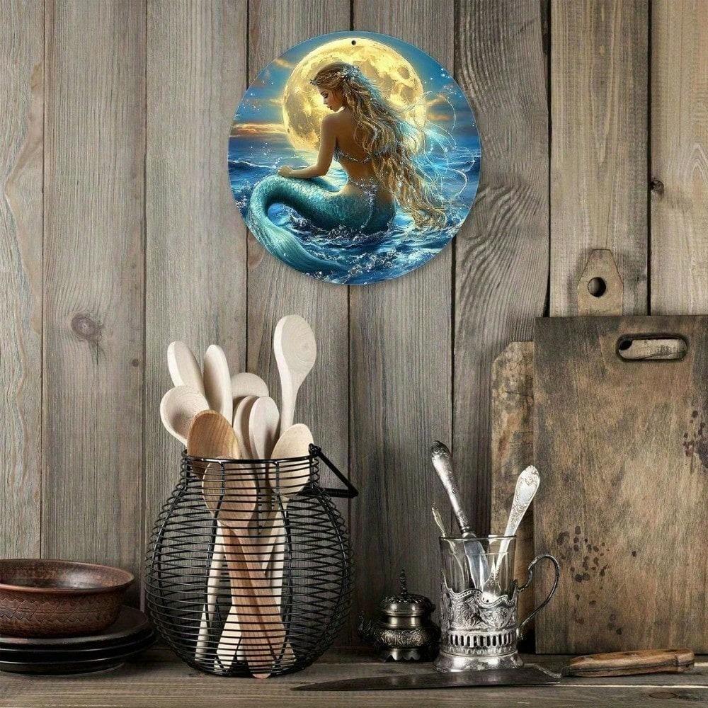 Vintage Mermaid Wall Art 8 Inch Round Aluminum Metal Sculpture Pearl Starfish Ocean Beach Decor for Home Living Room Bedroom