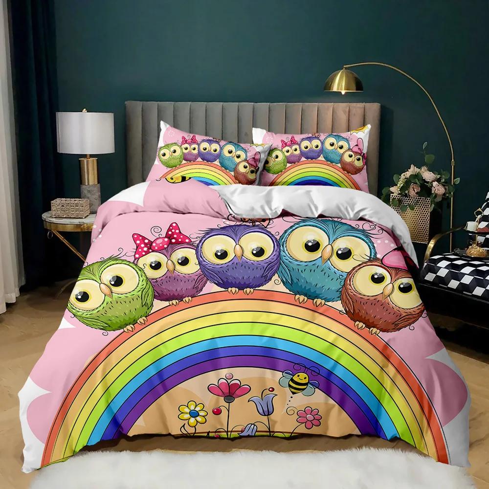 Owl Duvet Cover Set Cute Owl And Stars Decor Comforter Cover Outer Space Bedding Set Kids Cute Animal Polyester Qulit Cover
