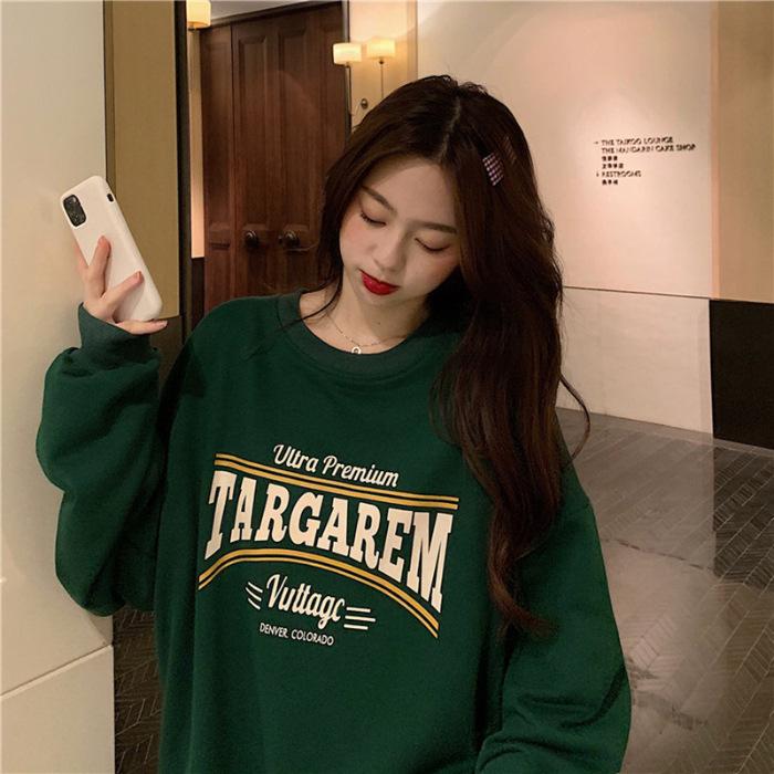 

New American retro crew neck sweater men s and women s Korean version English printing lazy wind velvet 3XL темно-зелений колір