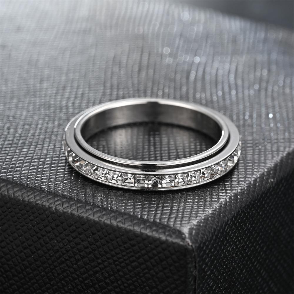 Fashionable Stainless Steel Rotatable Ring with Small Square Diamond Niche Decompression Design - Trendy Accessory