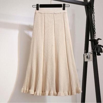 2025 Korean Wool Knit A-Line Midi Skirt: High-Waist Ruffle Fishtail for Autumn/Winter