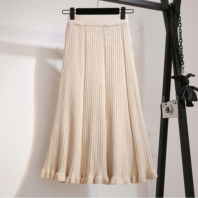 

2025 Korean Wool Knit A-Line Midi Skirt: High-Waist Ruffle Fishtail for Autumn/Winter One Size абрикосовий