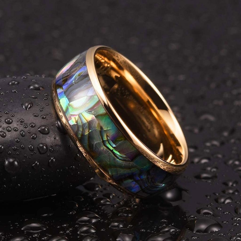 Fashion Men Stainless Steel Rings Inlay Rainbow Abalone Shell Rings For Men Women Wedding Engagement Band Jewelry