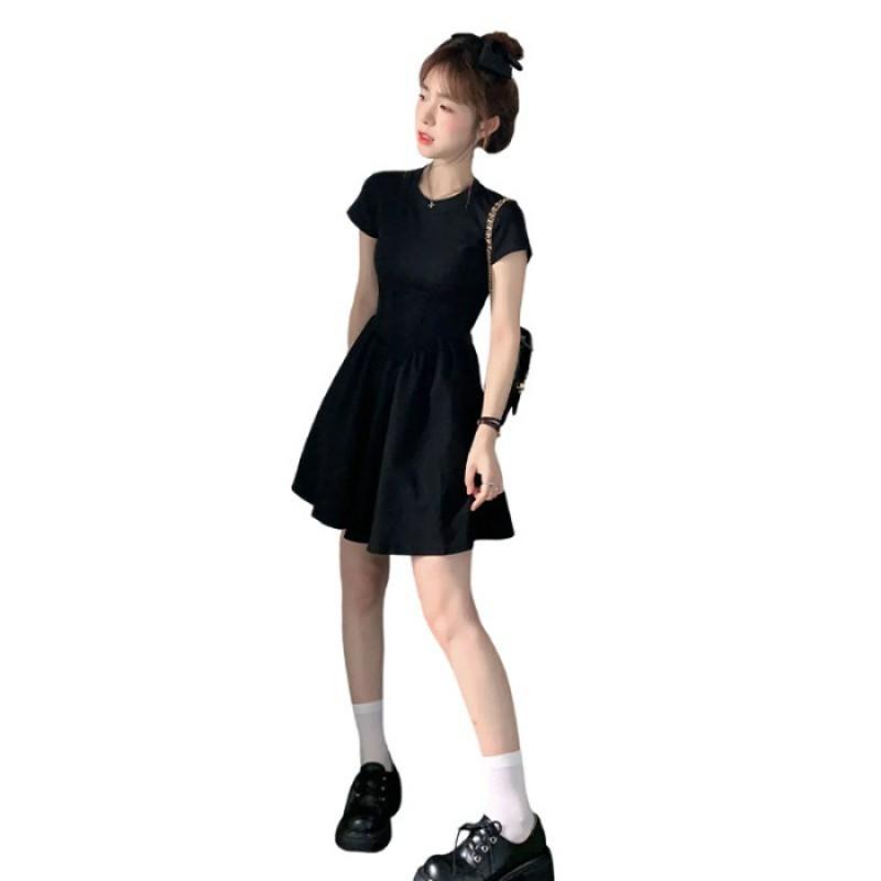 Black A-Line Mini Dress With High Waist Side Slit French Chic Hepburn Style Petite Women Small