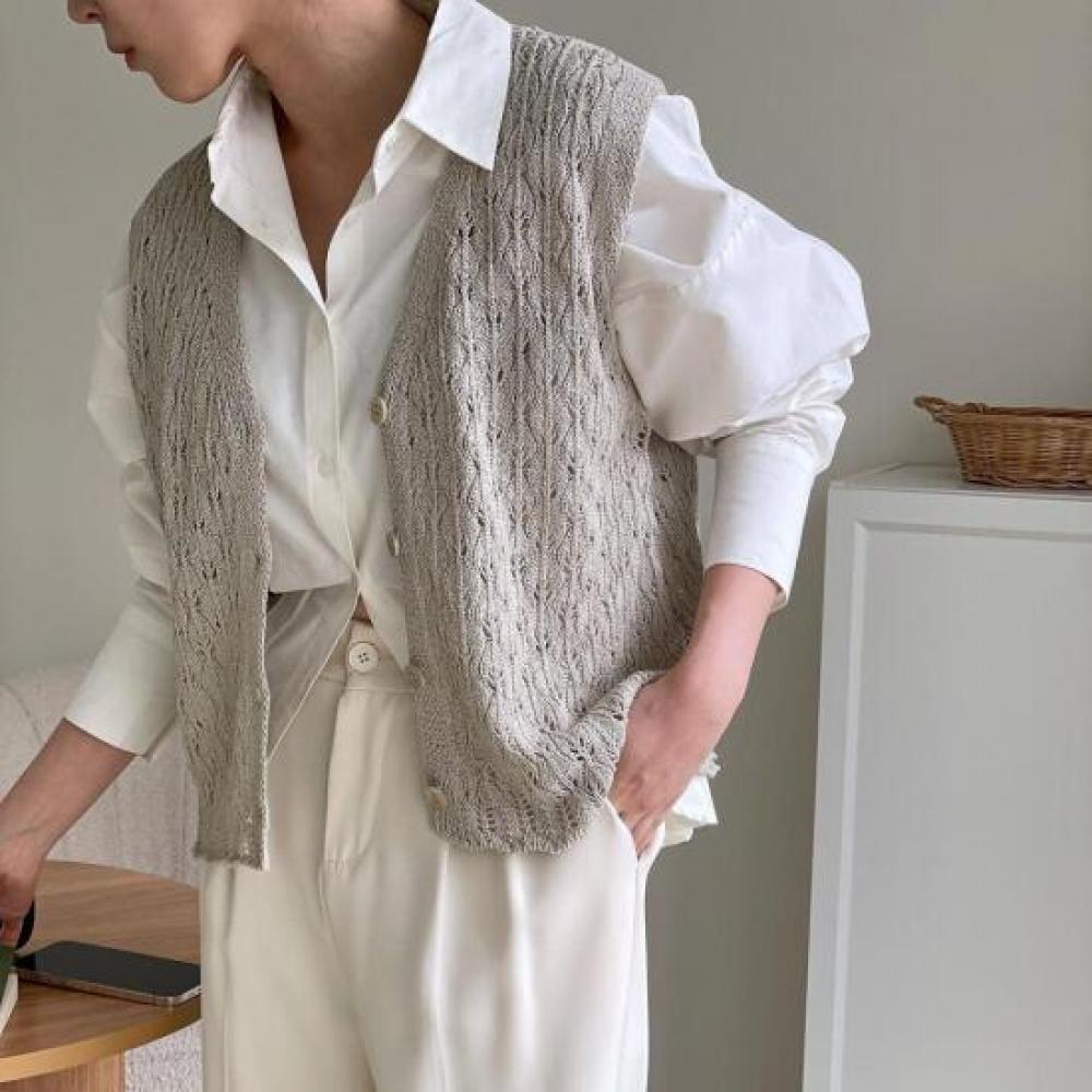 New ArriVals Open Run Button Vest V Neck Scallop Leaf Knit Tank Mesh
