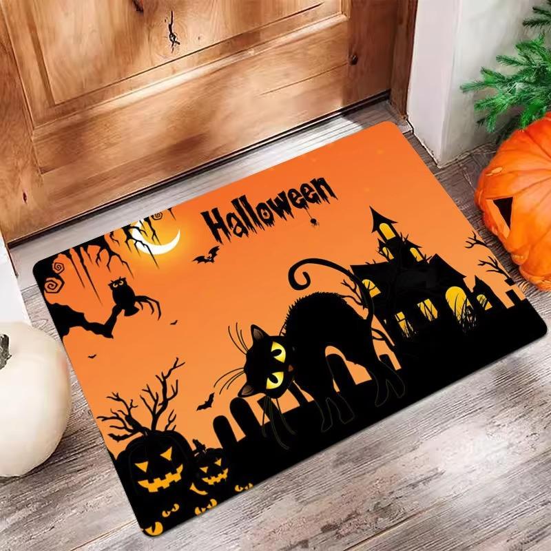 Halloween Theme Door Mat With Pumpkin Bat Black Cat Ghost Castle Patterns Fun Cartoon Spooky Atmosphere Decorative