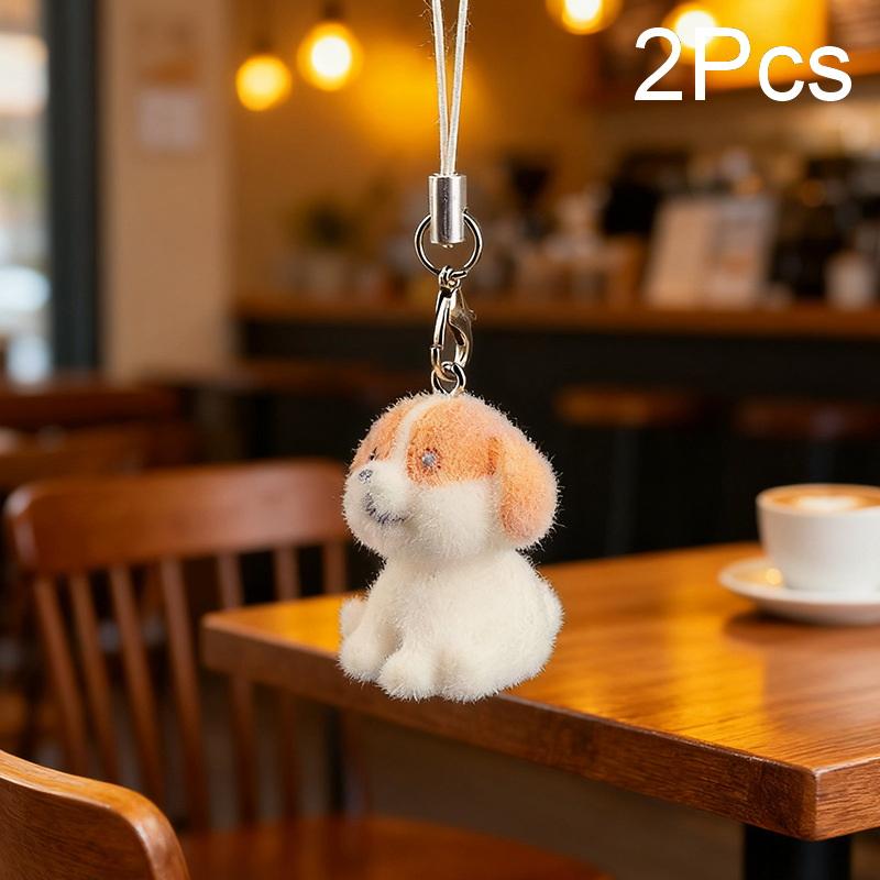 2Pcs Cute Flocking Resin Dog Keychains Bag Pendant Cartoon Animal Mobile Phone Lanyard Accessories Hanging Decoration