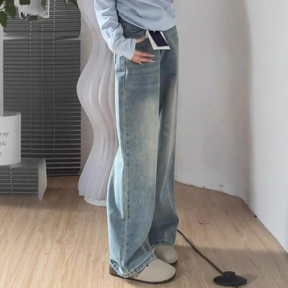 Shallow-colored Wide-legged Jeans Female Spring-summer High-waisted Draping Pear-shaped Figure Loose Straight Pants Retro Baggy Long Jeans for Ladies