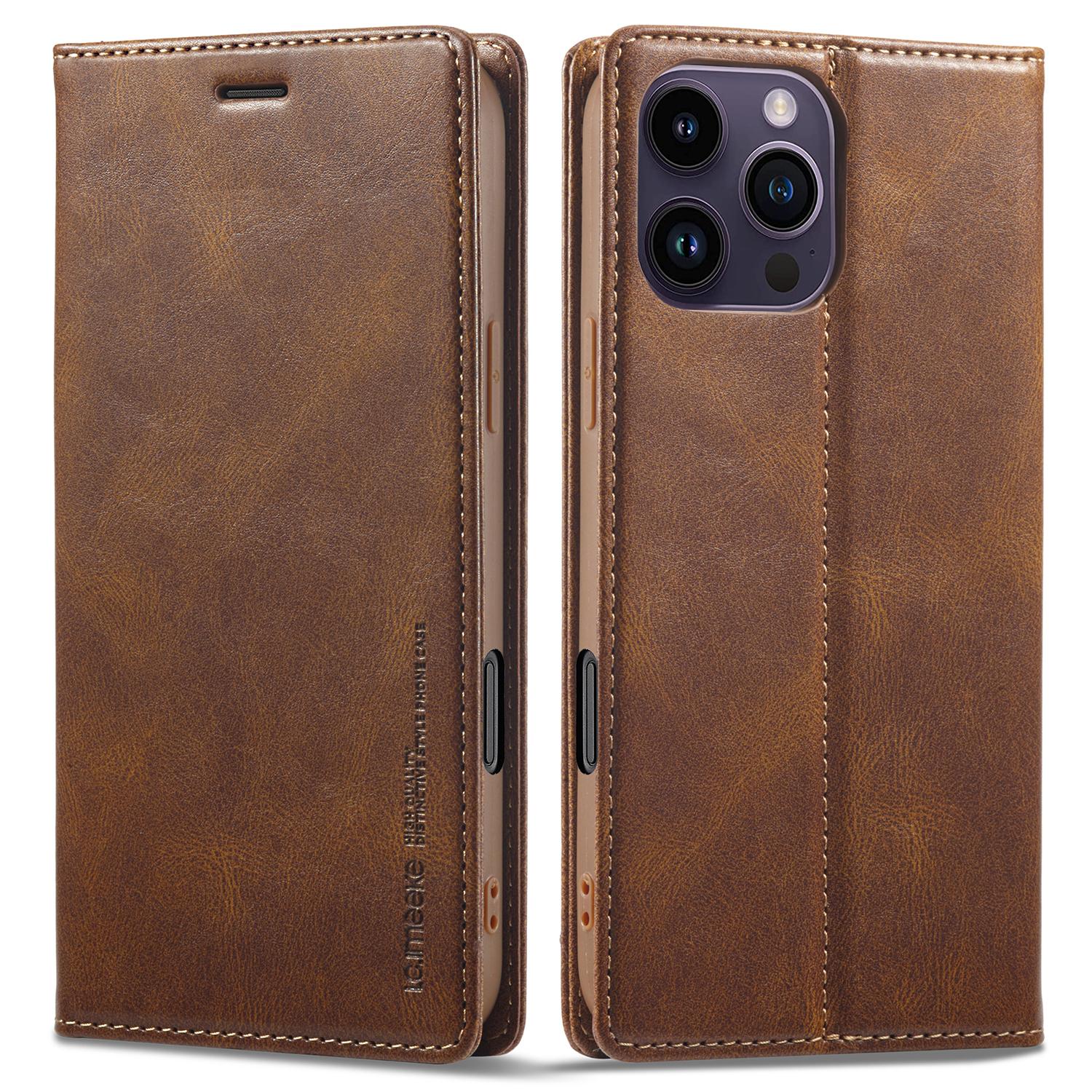 

LC.IMEEKE For iPhone 16 Pro Max Leather Case RFID Blocking Card Slots Phone Cover Brown