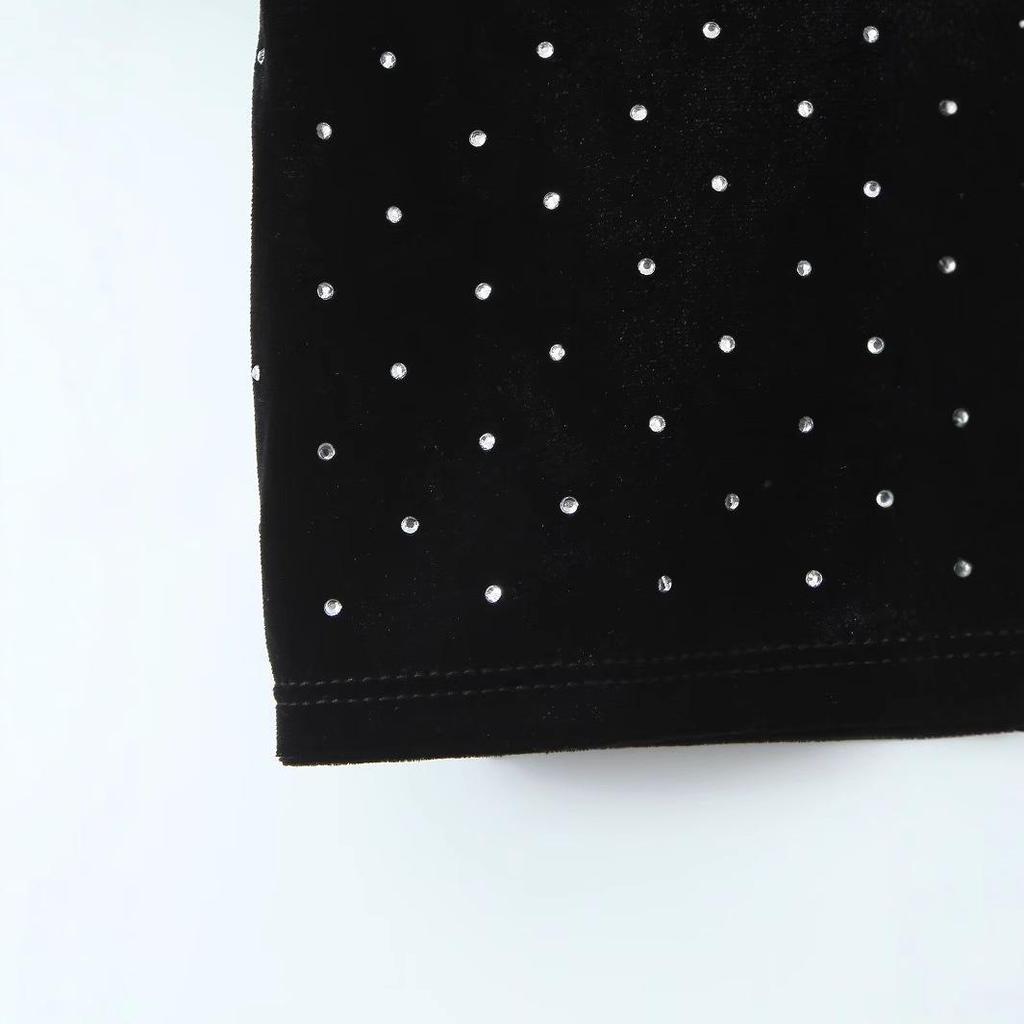 2024 Fall Women's European & American Style Slim One-Shoulder Beaded Velvet Dress