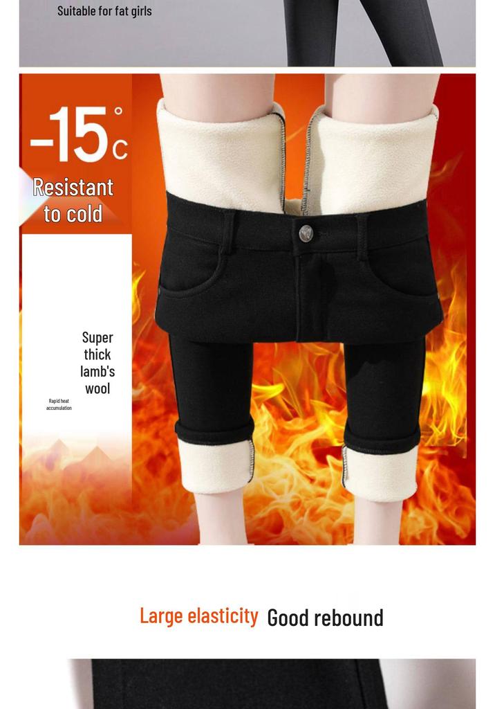 Women's Winter 2025 High-Waisted Thick Cotton Black Lambswool Pants