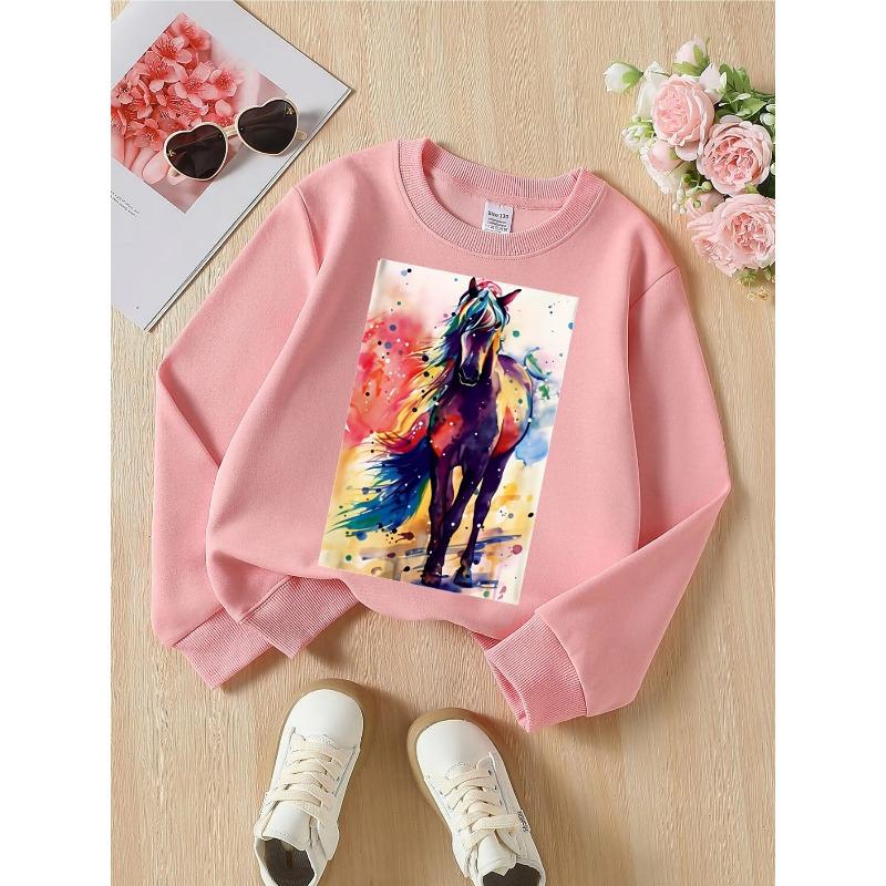Kids Unisex Crewneck Sweatshirt, Colorful Watercolor Running Horse Splash Ink Print Soft Fleece Pullover For Kids Over 4 Years Old