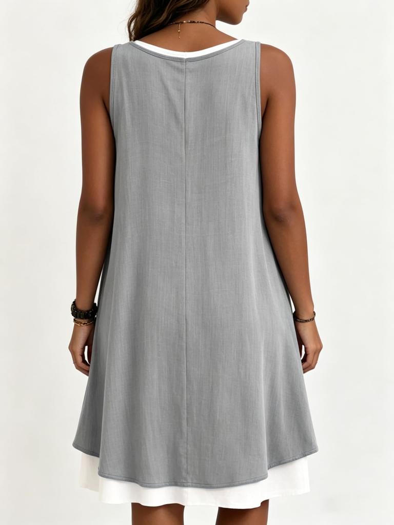 Women's Sleeveless Fake Two-Piece Vest Dress, Casual A-Line Midi Dress, Loose Fit, Color Block Patchwork, U-Neck, Cotton Blend