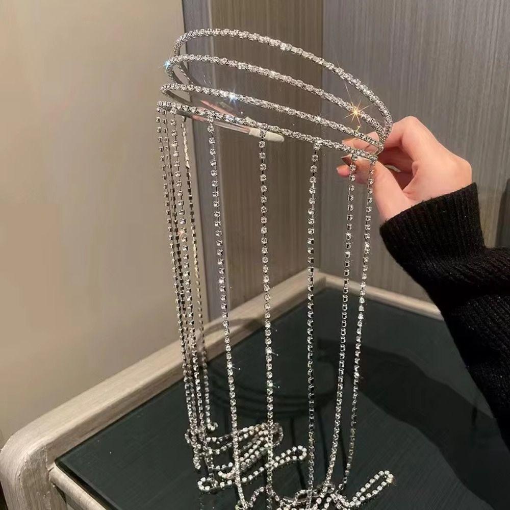 Exaggerated Design Rhinestones Tassel Headband Luxury Shiny Hair Accessories Daily Wear