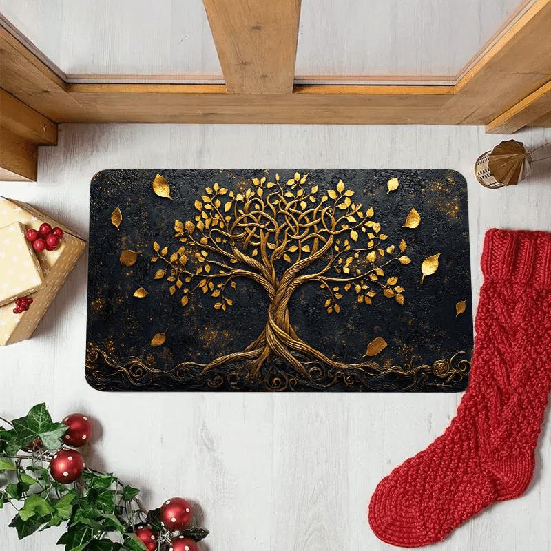 

Golden Tree of Life Celtic Knots Doormat, Black Gold Polyester Mat for Christmas Home Entrance Decor, Washable 40x60cm