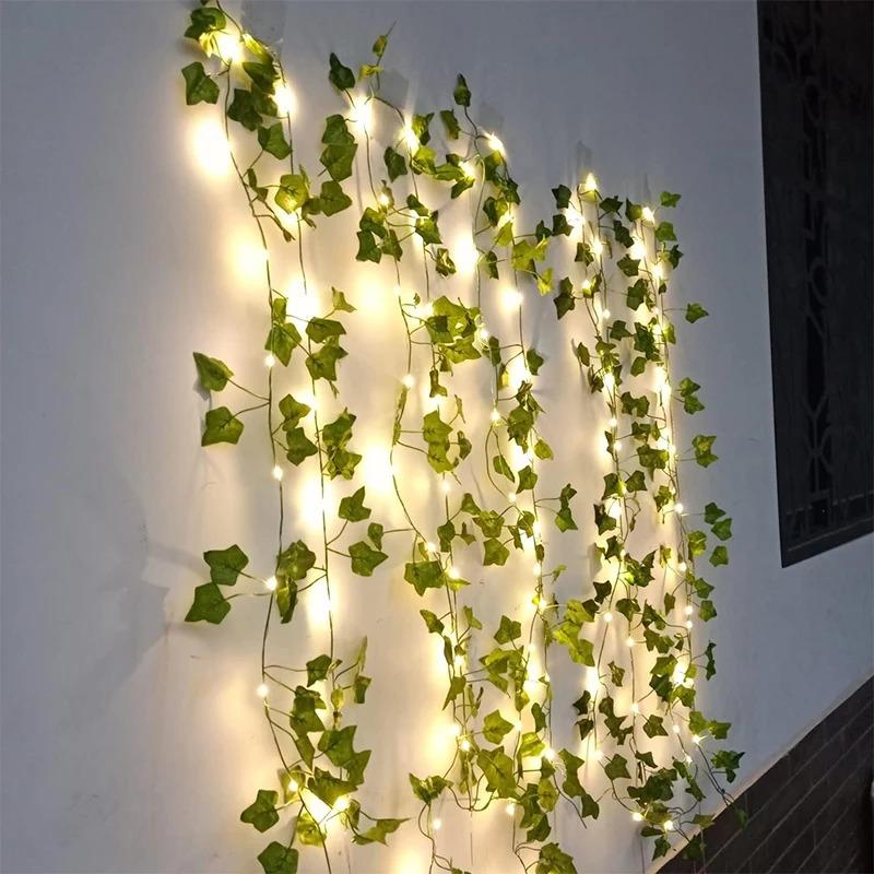 2/10M Silk Leaves Fake Creeper Green Leaf Ivy LED String Lights Home Decor Hanging Garland Artificial Plants Wedding Decoration