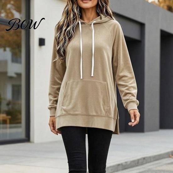 Soft Drawstring Hoodie Women Velvet with Kangaroo Pocket, Long Sleeve Pullover Autumn Winter Outfit Sweatshirt, Loose Casual Hooded Top for Fall Lady